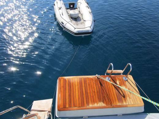 Stern of the fuel efficient motoryacht, for comfortable swimming and sun bathing