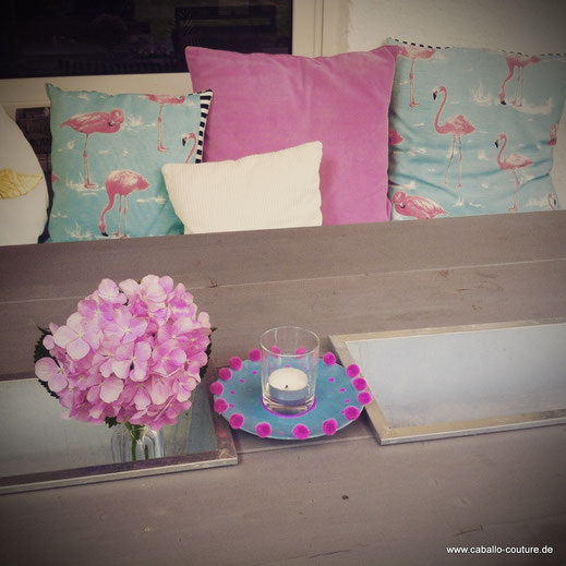 Upcycling, Untertasse, Pompon, Deko, Tischdeko, Teelicht, Gartendeko, Geschenkidee