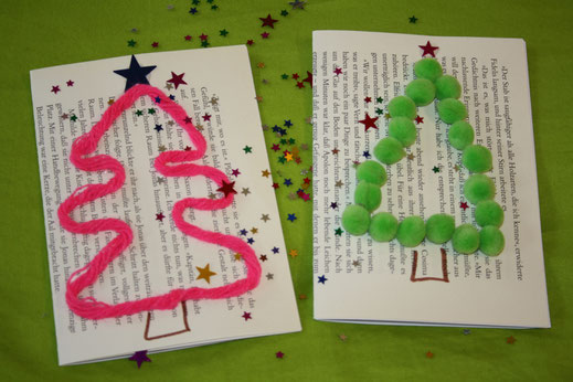 Weihnachtskarten selber machen; Idee upcycling Buch, Karten aus alten Buchseiten, Caballo Couture, Bastelidee Weihnachten, Karten selber basteln, Glückwunschkarten selber machen