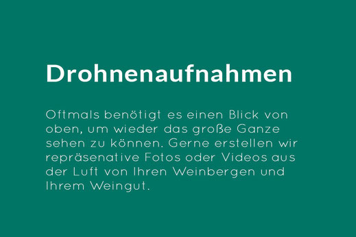 Oftmals benötigt es einen Blick von oben, um wieder das große Ganze sehen zu können. Gerne erstellen wir repräsenative Fotos oder Videos aus der Luft von Ihren Weinbergen und Ihrem Weingut.