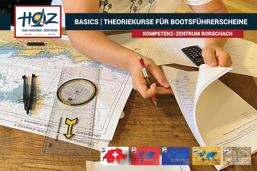Nahaufnahme einer Seekarte mit Unterrichtsmaterial, Vorbereitung Theorieprüfung Bootsführerschein im Kompetenz-Zentrum Rorschach.