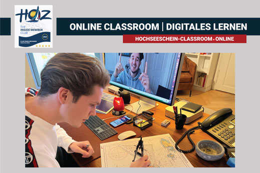 Zwei Personen im Videochat, Arbeit an Seekarte mit Zirkel – Digitales Lernen im Hochseeschein Online Classroom mit Live-Unterricht.