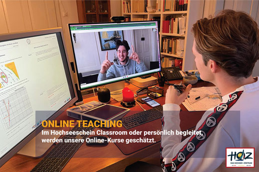 Ein Hochseeschein Schüler lernt von seinem Instruktor online den HOZ Hochseeschein Pruefungsstoff