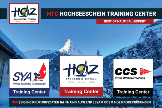 HTC Hochseeschein Trainingcenter Schweiz mit Logos von HOZ, SYA und CCS vor winterlicher Bergkulisse mit Matterhorn – Prüfungen international.