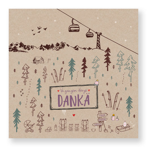 Geburtskarte Geburtsanzeige Dankeskarte Geburt Ski Winter zu dritt zu viert Winterbaby kartendings.ch Schweiz