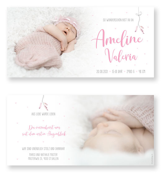 Geburtsanzeige Federn für Mädchen Schweiz kartendings.ch Geburtskarte