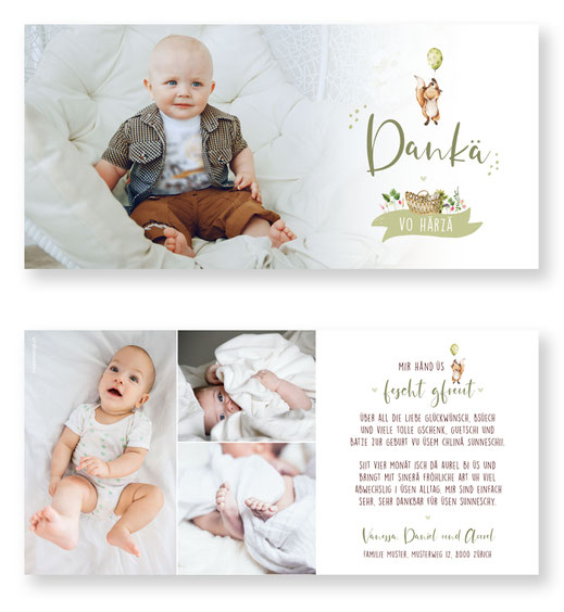 Dankeskarte Geburt Baby Schweiz kartendings Text