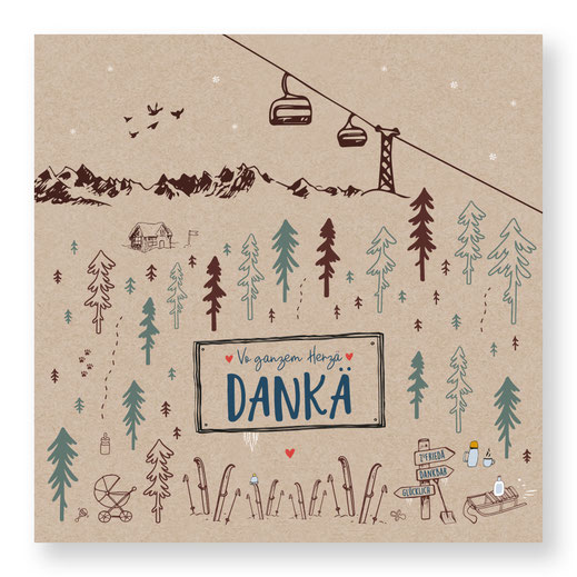 Geburtskarte Geburtsanzeige Dankeskarte Geburt Ski Winter zu dritt zu viert Winterbaby kartendings.ch Schweiz