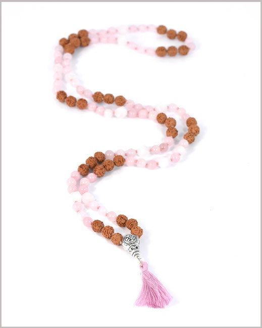 Mala Kette mit Rosenquarz Edelsteinen mit Rudraksha Perlen kombiniert  - Bhasha-