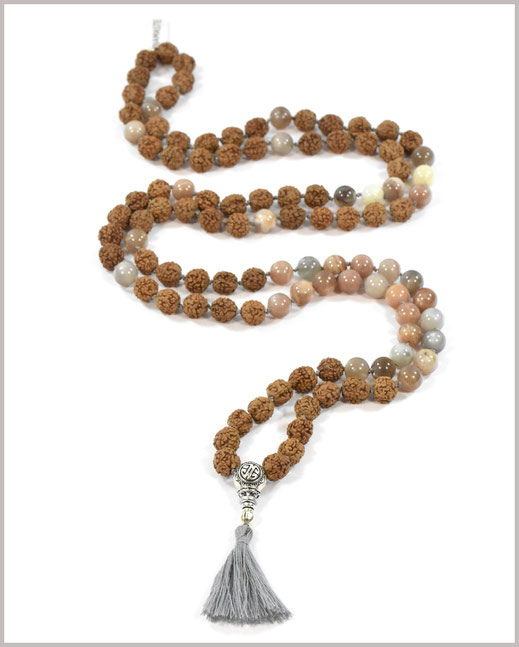 Mala mit Mondstein Edelsteinen und Rudraksha Perlen - Pranashaki