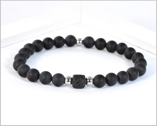 Männer Edelstein Armband mit Obsidian matt und  Lava Rondell und Edelstahl  24,90 €