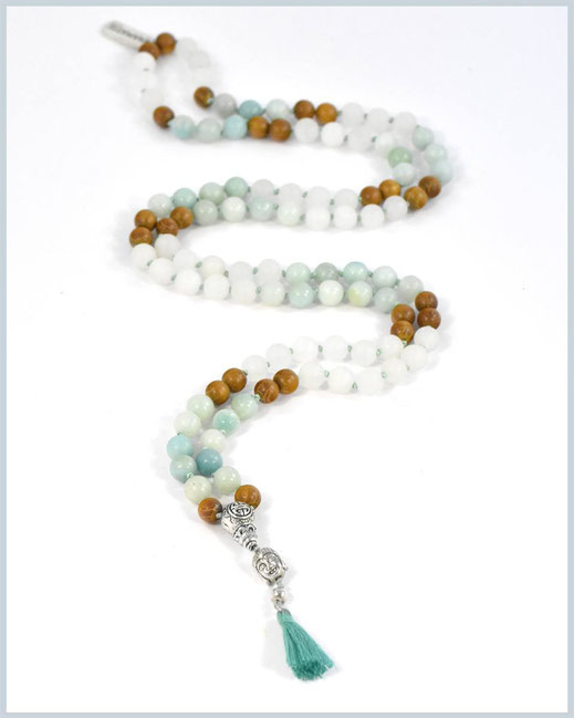 Handgeknotete Mala Kette mit Amazonit, Achat  & Howlith Edelsteinen - Shiva