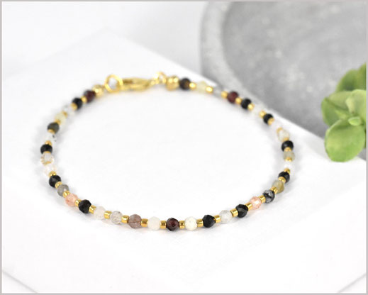 Edelsteinarmband mit 3 mm Turmalin bunt, Miyuki Perlen, 925 Silber / vergoldet