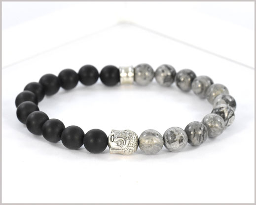 Edelsteinarmband für Männer mit Achat und Jaspis Perlen und Buddha Kopf