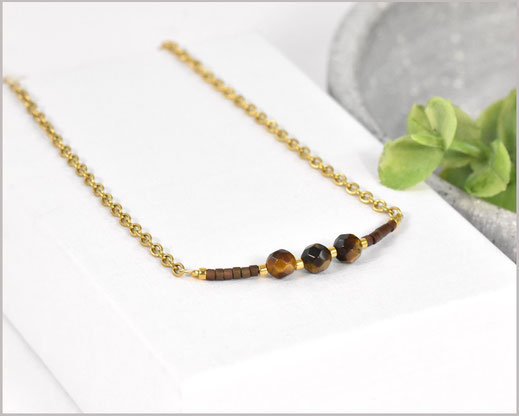# Tigerauge Edelstein Kette mit 4 mm Steinen & Miyuki Perlen Mix / Edelstahl  19,90 €
