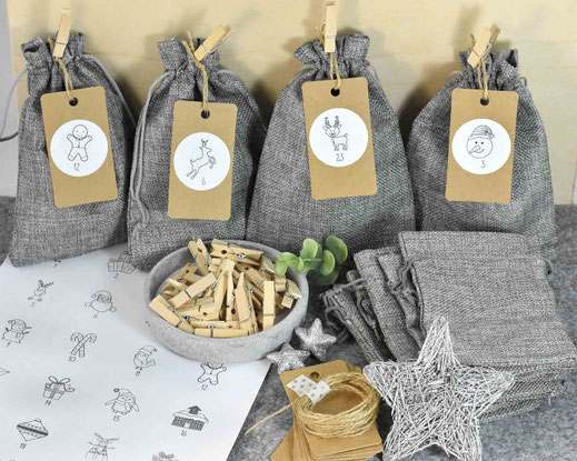 Adventskalender DIY mit Beutel, Anhänger, Zahlenaufkleber und Holzklammern  29,90 €