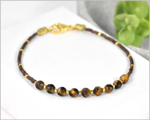 # Tigerauge Edelstein Kette mit 4 mm Steinen & Miyuki Perlen Mix / Edelstahl  27,90 €