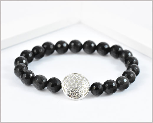 Obsidian Edelsteinarmband 8 mm mit  Blume des Lebens 925 Silber  29,90 €