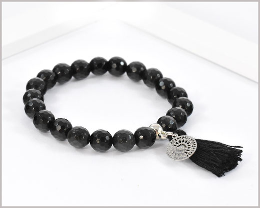 Obsidian Edelstein Armband 8 mm mit Mandala und Quaste