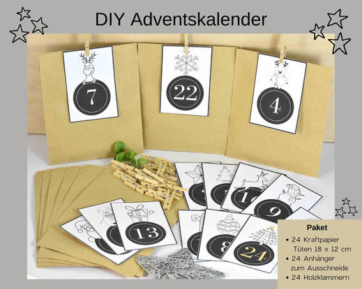 Adventskalender DIY mit Papiertüten, Zahlen und Holzklammern 12,90 €