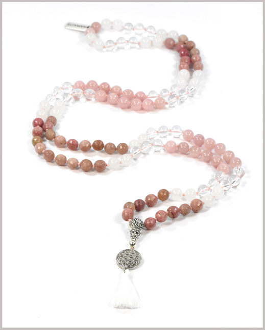 Mala mit Rhodochrosit, Jade und Bergkristall Edelsteinen