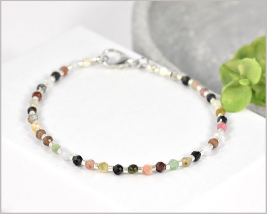 Edelsteinarmband mit 3 mm Turmalin bunt, Miyuki Perlen, 925 Silber 