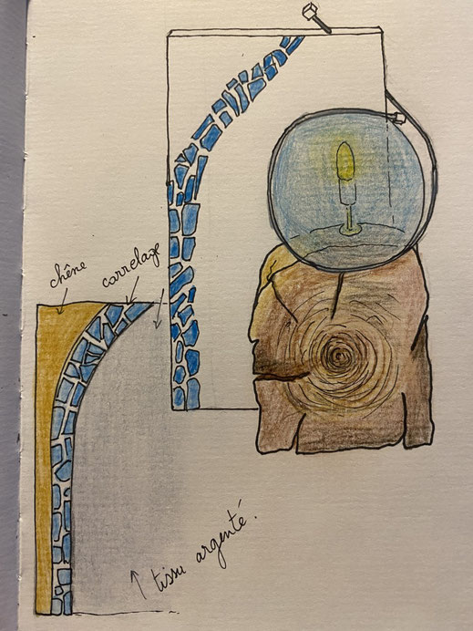 dessin d'une projet de lampe avec deux chênes, mosaïque de carrelage bleu, papier de soie bleu, tissu argenté.