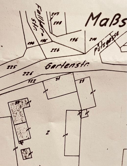 Lage der Scheune und Stallung links im Bild. Alte Straßenbezeichnung "Pützgasse" - heute Pehlengarten.