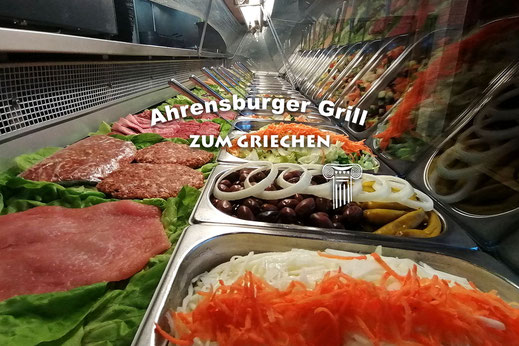 Foto/Grafik: "Auslage Grill Imbiss AHRENSBURGER GRILL | ZUM GRIECHEN" - Gyros- und Grillspezialitäten frisch zubereitet