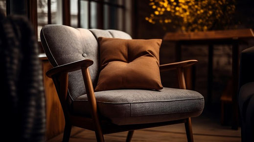 ein grauer Sessel aus Stoff mit einem braunen Polster drauf