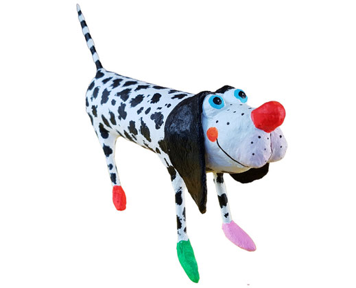 Pappmaché Hundefigur Dalmatiner-Look Weiß mit schwarzen Punkten und bunten Füßen – Unikat 241015414