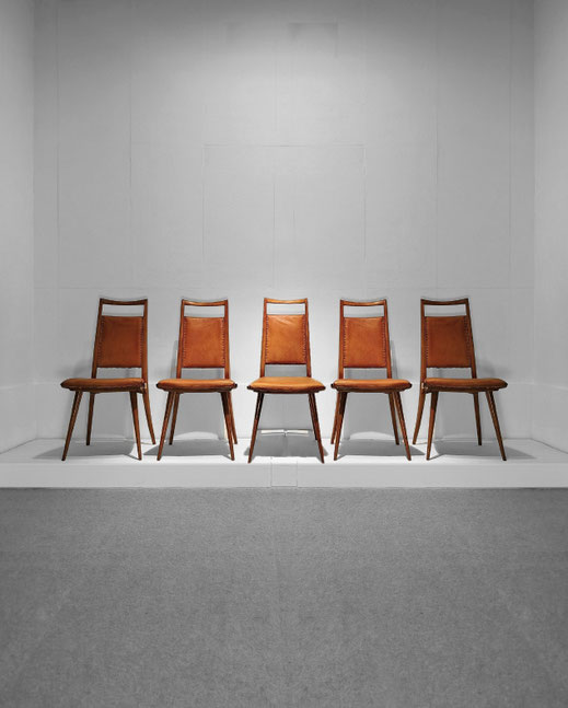 Carlo Di Carli Set of Walnut , Leather Dining Chairs, Cassina, Italy, 1950s PN.Modern pnmodern
