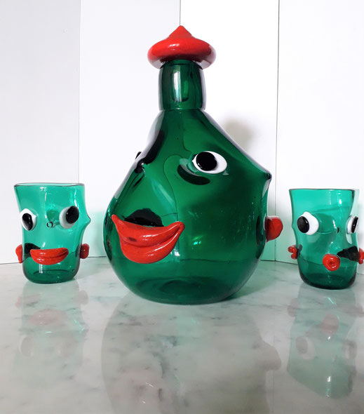 Anzolo Fuga Changing Mood Faces Set of Wine Decanter and Five Glasses, Murano, Italy, 1948