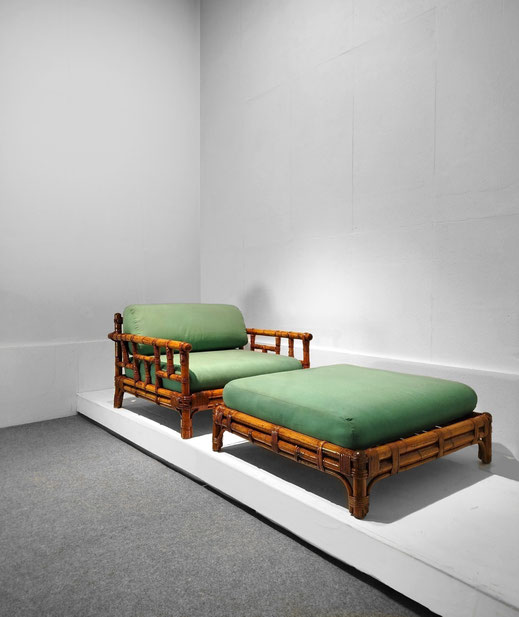 Vivai del Sud Pair of Bamboo Chaise Lounges With Ottoman, "Ming" Series Designed by Colin Morrow, Rome, Italy, 1974 - PN.Modern pnmodern.com
