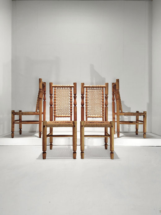 Adrien Audoux & Frida Minnet Set of Four Handcrafted Carved Bentwood and Rope Dining Chairs, France 1940s PN.Modern pnmodern.com