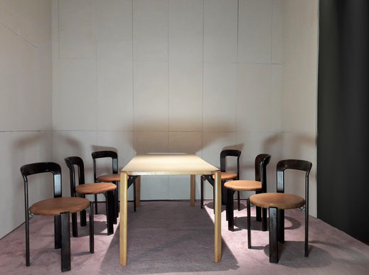 Dining Set with six leather upholtered ebonized model "Rey 3300" chairs ,designed by Bruno Rey, manufactured by "Dietiker Stein am Rhein", Switzerland, 1971.