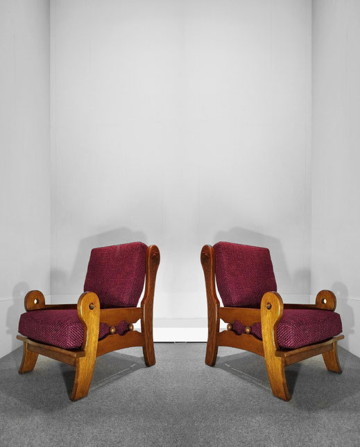 Belgian Brutalist oak Armchairs, Hand-carved Craftsmanship With Violet Chanel Tweed, c.1970s PN.Modern pnmodern.com