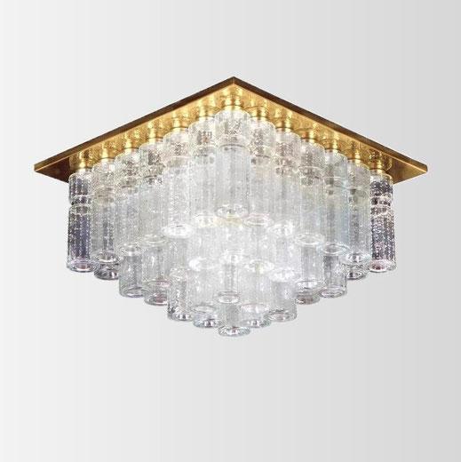 Boris Tabacoff brass blow-glass prism fush-mount chandelier for Glashütte Limburg