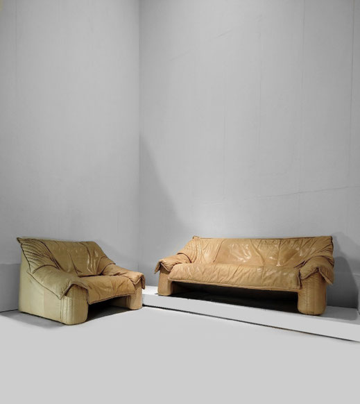 Salotti Natuzzi Postmodern Lounge Chair, Two-Seater Sofa in Beige Leather, Italy, c.1980 PN.Modern pnmodern.com