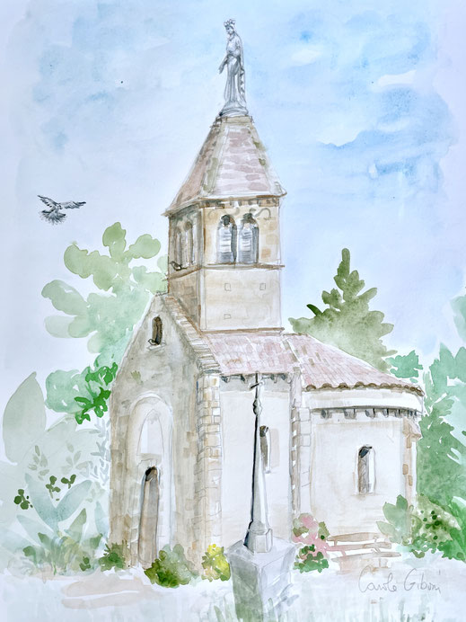 aquarelle brionnais la chapelle sous dun bourgogne chapelle romane carole giboni saone et loire artistepeintre la clayette chauffailles brionnais aquarelles origamis atelier origamis cours d'aquarelles cartes souvenirs