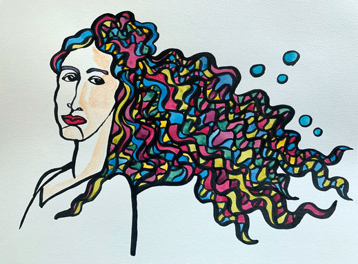 Binia, A4, Tusche und Acryl auf Aquarellpapier, gerahmt Sfr. 300.-.-