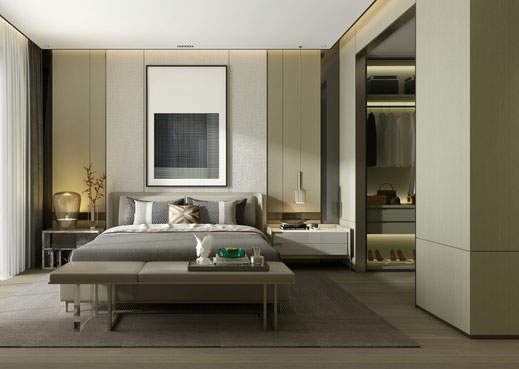 Modernes Schlafzimmer mit Parkettboden