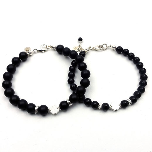 Partnerlook Armbänder, Partnerarmbänder, Onyx, Kleeblatt alsGlückssymbol, Silber 925