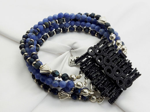 Damen-Armband, exklusiv, Sodalith, fünfreihig, mit schwarz-blauem Designer-Verschluss