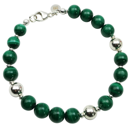 86544623127 Männer-Armband aus Malachitperlen mit Silberzwischenperlen
