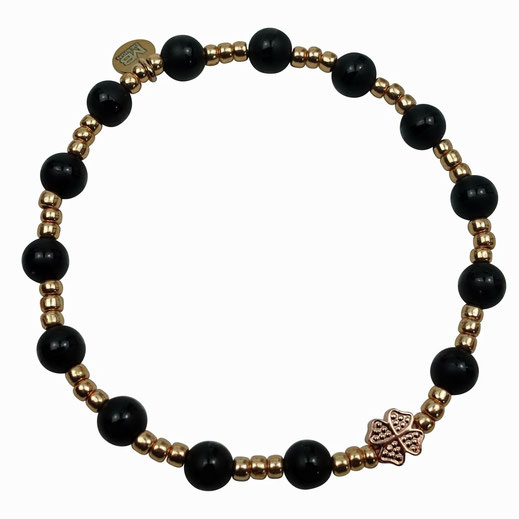 86544624483 Damenarmband Onyx, Kleeblatt Hämatit, Rocailles roségoldfarben, Stretchband