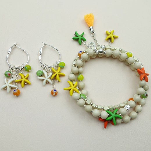 DamenSchmuckSET Armbänder und Ohrringe weiß silber gelb grün orange erlen Jaspis Seesterne bunt Silber 925 Sommerschmuckset weiß bunt 