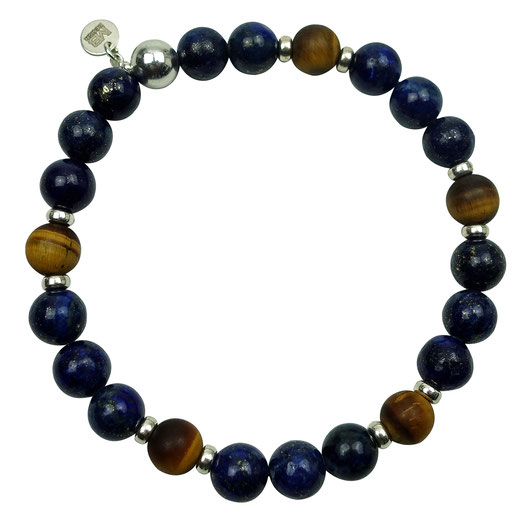 86544624131 Herrenarmband, Männerarmband, Lapislazuli, Tigerauge, Silber 925, auf Gummi, auf Stretch