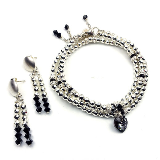 Schmuckset Armband-Set und Ohrringe, Hämatit hellsilber, Swarovskiherz