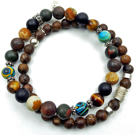 86544623523 Männerarmband Diverse Edelsteine, Onyx, Tigerauge, Jaspis divers, Bronzit, Silber 925, Herrenarmband braun-schwarez-bunt mit Silber 925